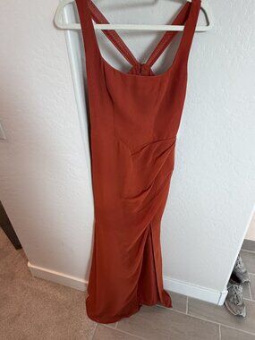 Azazie Rust Orange Cross Back Pleated Formal Gown A6